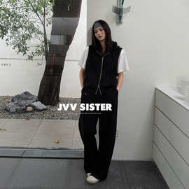 JVV十三行2026夏季新款连帽拼接短袖马甲休闲长裤卫衣套装女90907