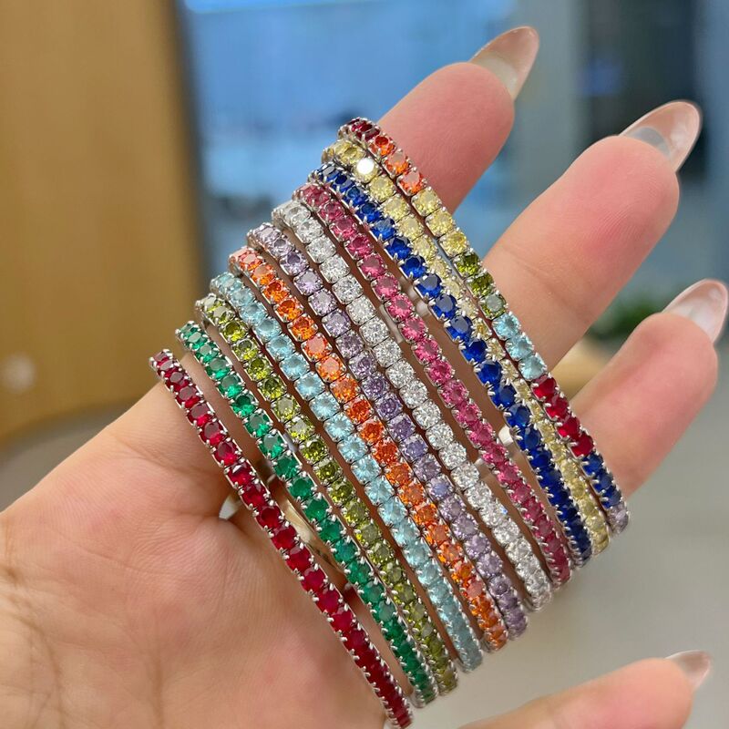 Cross-border European and American 925 Silver Bracelet Women's Fashion Color All-match Girls Tennis Chain 3MM Zircon Inlaid Silver Hand Jewelry