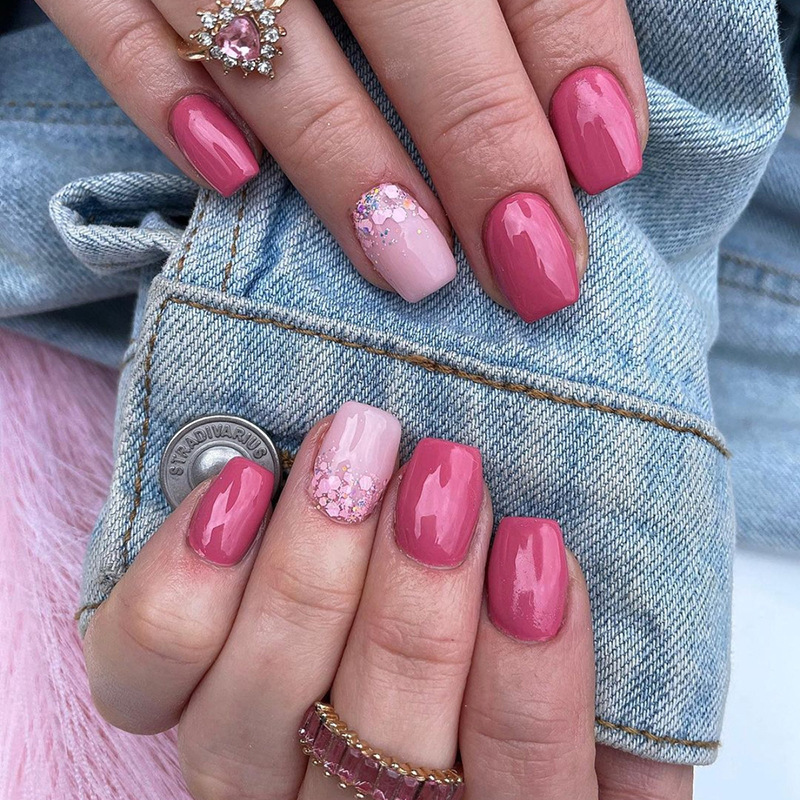 Simple Solid Color Barbie Pink Bright Color Wear Armor European and American ins Style Sweet Fake Nail Finished Manicure Pieces 24 Pack