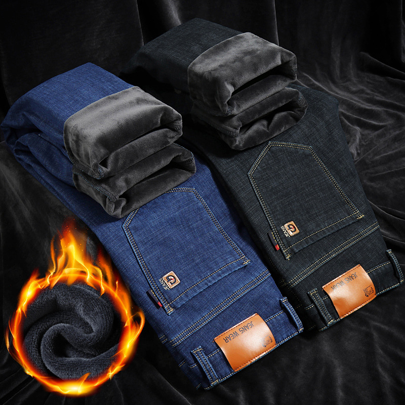 Pantalones vaqueros calientes de una sola pieza para hombres otoño e invierno pantalones vaqueros de los hombres delgados pantalones largos suaves al por mayor