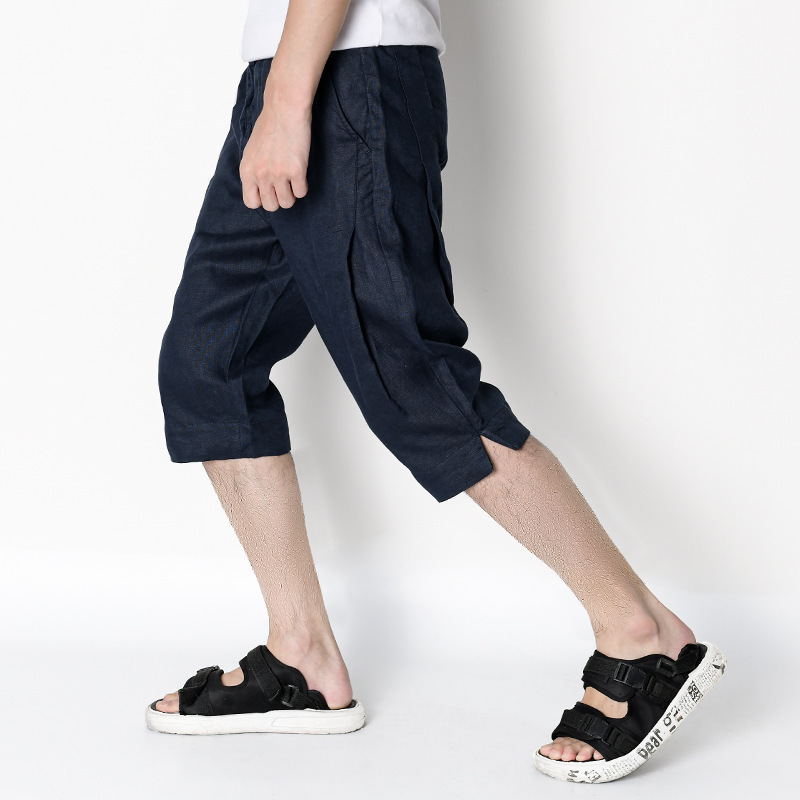 Summer Men's Linen Cropped Pants Loose Shorts Casual Wide-Leg Pants Cotton and Linen Youth Loose Cropped Pants 7505