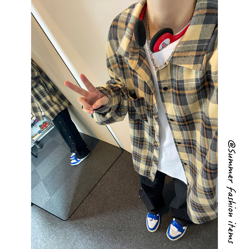 Korean Style Trendy Retro Plaid Large Size Long-Sleeved Shirt with Lapel and Outerwear C2193-P30【Special Offer】