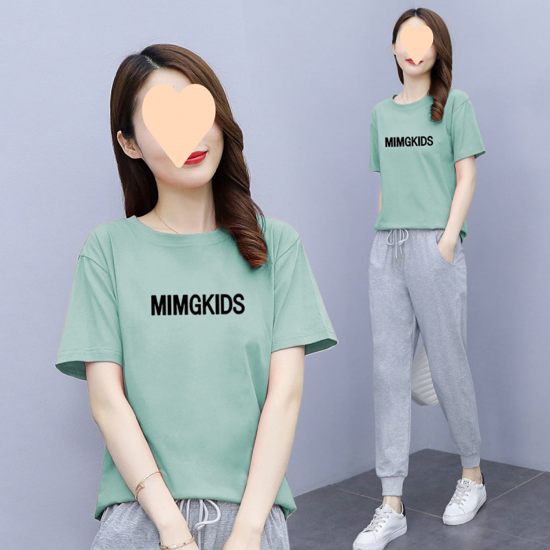 夏季运动套装女短袖长裤2025新款时尚宽松跑步减龄显瘦休闲两件套|undefined