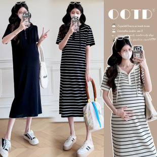 Maternity 2025 Summer New Style Striped Drawstring Slimming Lace Hooded Knitted plus size Pregnant Women dress