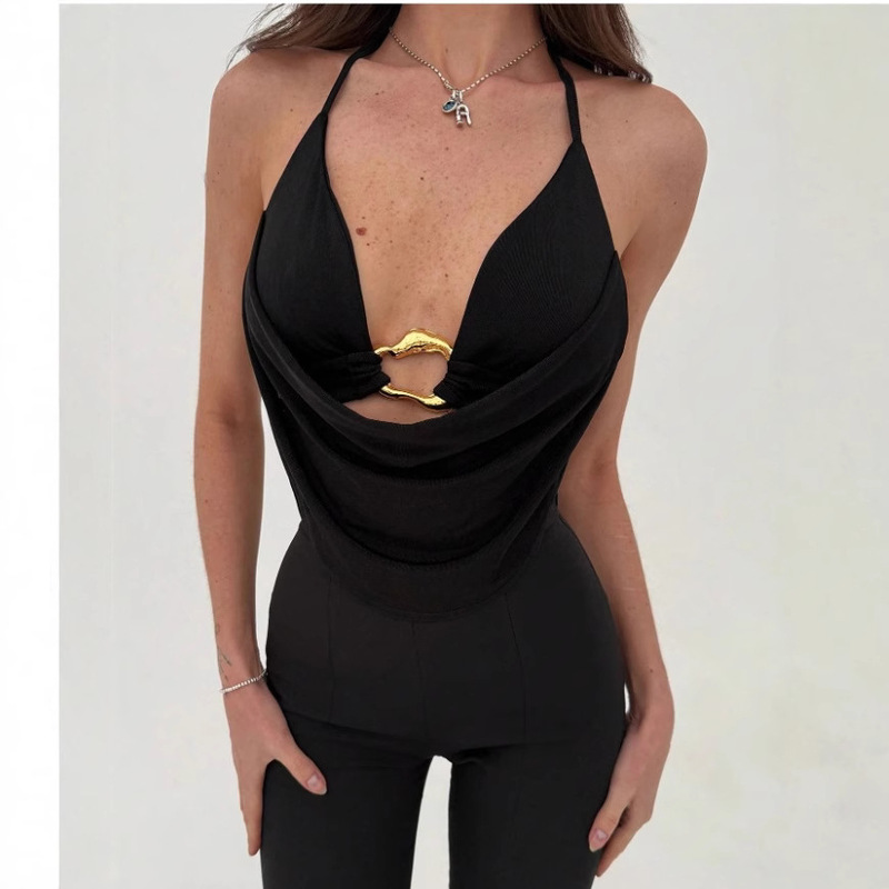 2025 European and American Amazon Aliexpress Hot Selling Sexy Suspender Metal Ring Slim Halterneck Lace-Up Vest Suspender Women