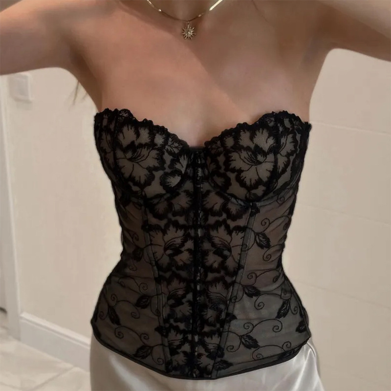 Corsets New Sexy Slim Hot Girl Corset Mesh Embroider Strap Fishbone European and American Tube Top Corset for Women