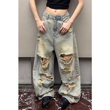 R13十三行小众设计重工擦色做旧破洞低跨工艺拖地阔腿牛仔裤