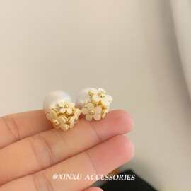 三朵花 雏菊双面珍珠耳 耳环韩版耳钉新款耳饰时尚百搭花朵简约