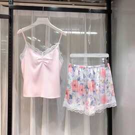 2025新款丝绸印花三件套花边蕾丝拼接花色洋气女人味开衫睡衣批发