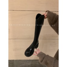 牛皮~显瘦V口后拉链粗跟高筒靴子骑士靴女真皮厚底长筒靴高跟长靴