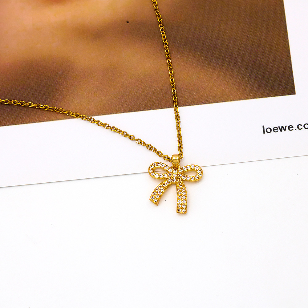 Simple Style Bow Knot Stainless Steel Inlay Zircon Pendant Necklace 1 Piece