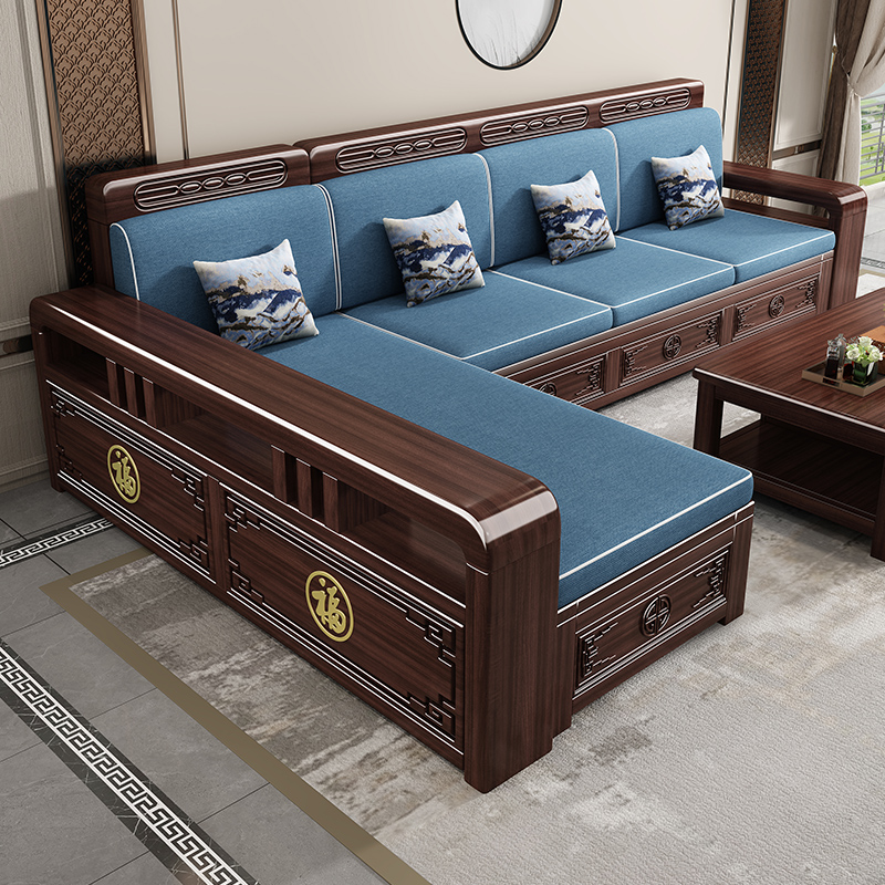 ✅ Purple Sandalwood New Chinese Style Solid Wood Sofa Set for Living Room, Modern and Simple, Dual-Use for Winter and Summer, with Storage and Carved Wood Design