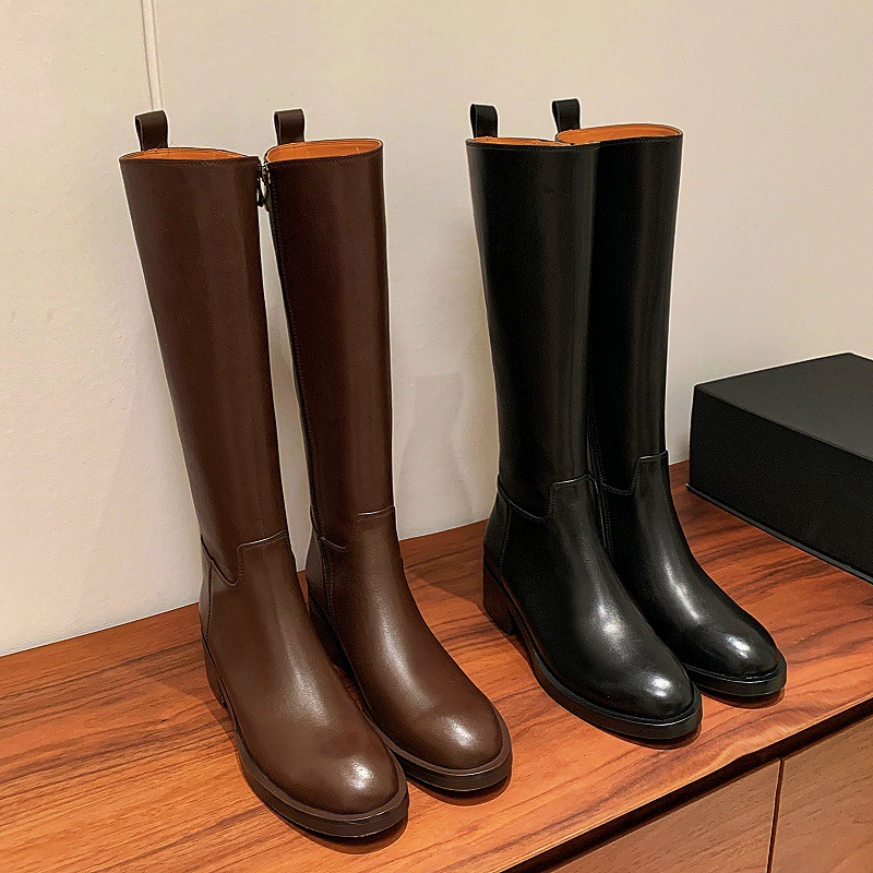 Leather retro brown high boots platform