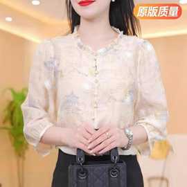 一件代发直播爆款2025夏季新款时尚新中式七分袖衬衫减龄国风女士