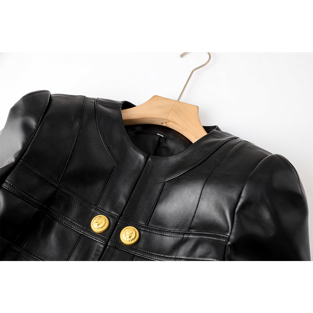Women's Clothing 2024 PU leather stitching small round neck shoulder pad cardigan high street style small coat top temperament small jacket_ipsvogv.com