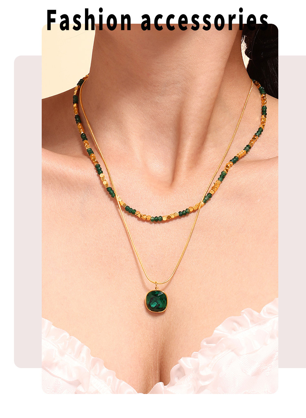 Natural Stone Crystal Pendant Necklace Double Layer Stainless Steel_voghion.com
