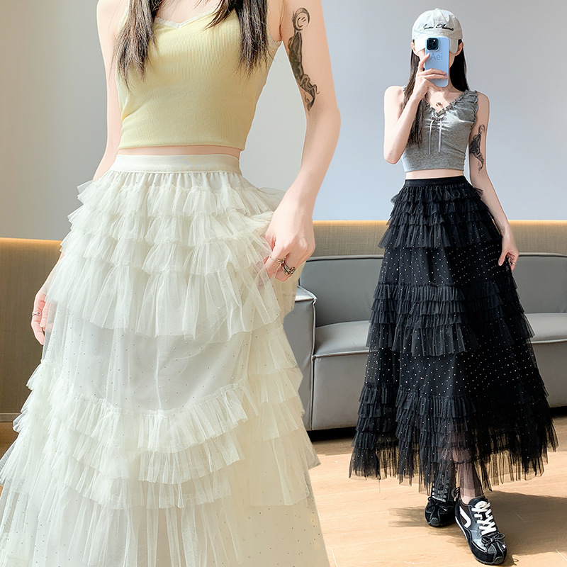 Gypsophila Rhinestone-Studded Mesh Skirt for Women, New Summer Style, Slimming, Large Hem, Puffy A-Line Long Skirt, Tiered Skirt