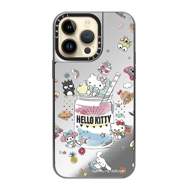 C家オリジナルKT猫コレクション電気メッキシルバーフレーム、Apple iPhone17ProMax、15、鏡面13対応スマホケース|undefined
