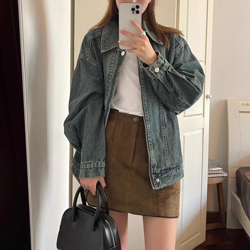 2026 Spring and Autumn New Loose Korean Style Jacket with Distressed American Retro Washed Denim for Women