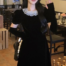 聖耳曼2023秋季新款花邊領含袖套遮胯黑色絲絨連衣裙女赫本風長裙