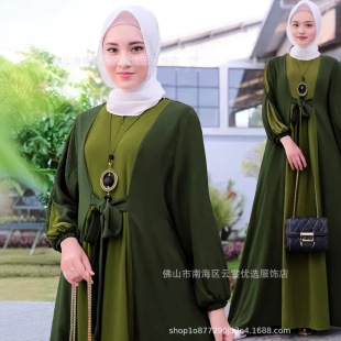 2025 Spring and Summer New Middle Eastern Arabic Women's Contrast Color Round Neck Robe Dress Muslim Tie Middle Eastern Style