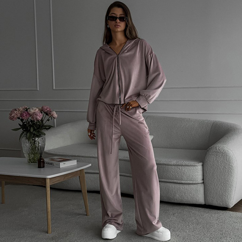 2025 European And American Foreign Trade Casual Autumn Women's Solid Color Sleeve Cardigan Hooded Top Sports Long Pants_ecoleips.com