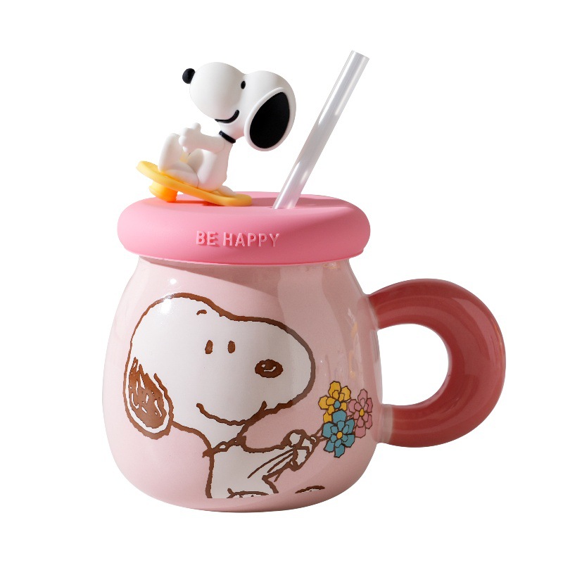 Taza Snoopy genuina taza de cerámica creativa pareja linda regalo de cumpleaños de alto valor con tapa taza de agua