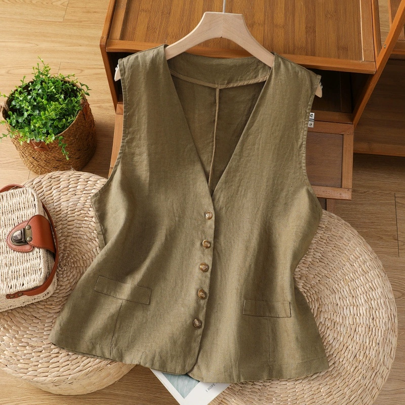 2025 новый летний стиль ретро простой однотонный литературный свободный повседневный кардиган жилет верх для женщин