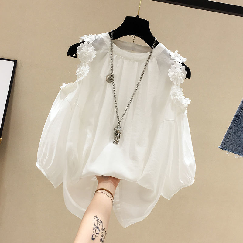 Wholesale New Summer Shirts for Women, Designer Niche Tops, Flower Off-Shoulder Belly-Covering Loose Chiffon Shirts Wholesale New Summer Shirts for Women, Designer Niche Tops, Flower Off-Shoulder Belly-Covering Loose Chiffon Shirts