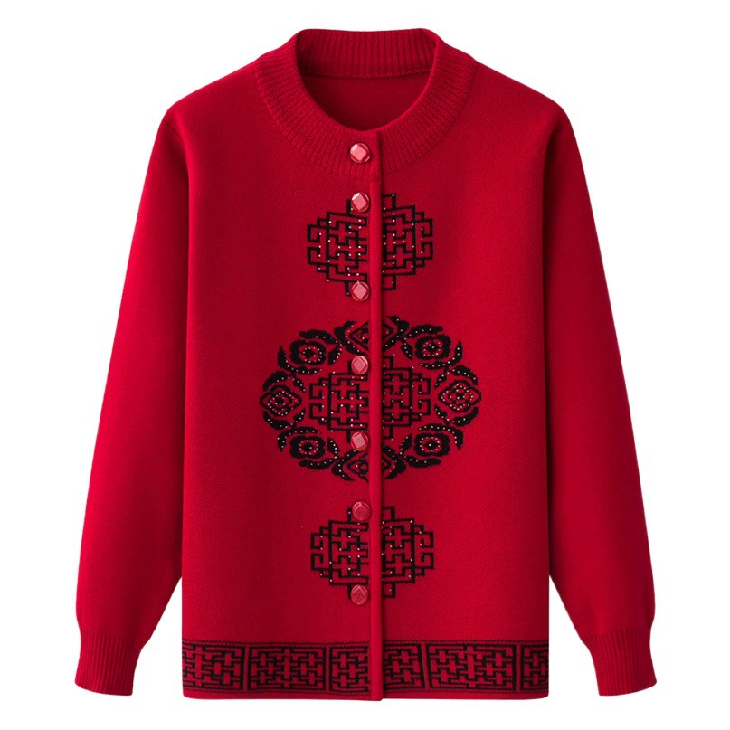 Женская осенне-зимняя одежда для пожилых людей, утолщенный свитер на флисовой подкладке, вязаный свитер для матери, весенняя одежда, платье для бабушки и бабушки, кардиган