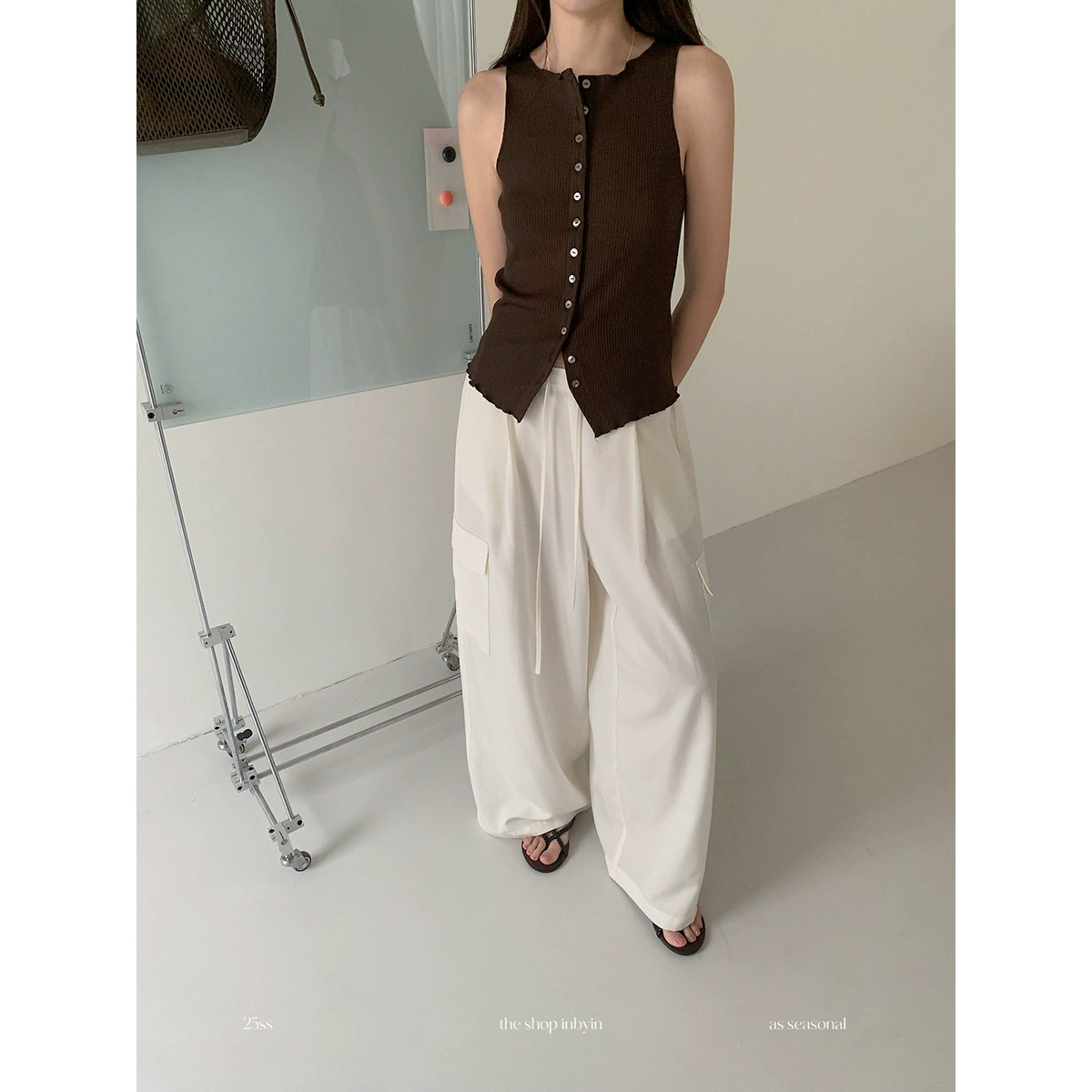 [Без возврата, без обмена] Американские женские брюки спецодежды, узкие повседневные летние брюки, непринужденные широкие брюки на шнуровке с высокой талией