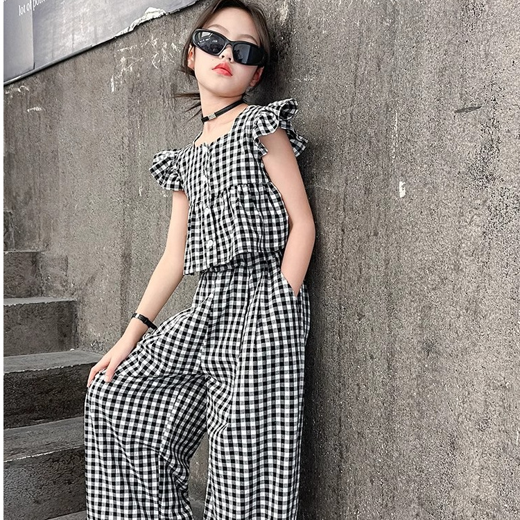 1560# 女童小飞袖套装夏季2025儿童大童洋气时髦女孩夏装阔腿裤子