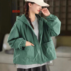 古咖服饰2025秋季复古棉质双层连帽短外套女装时尚抽绳摆长袖开衫