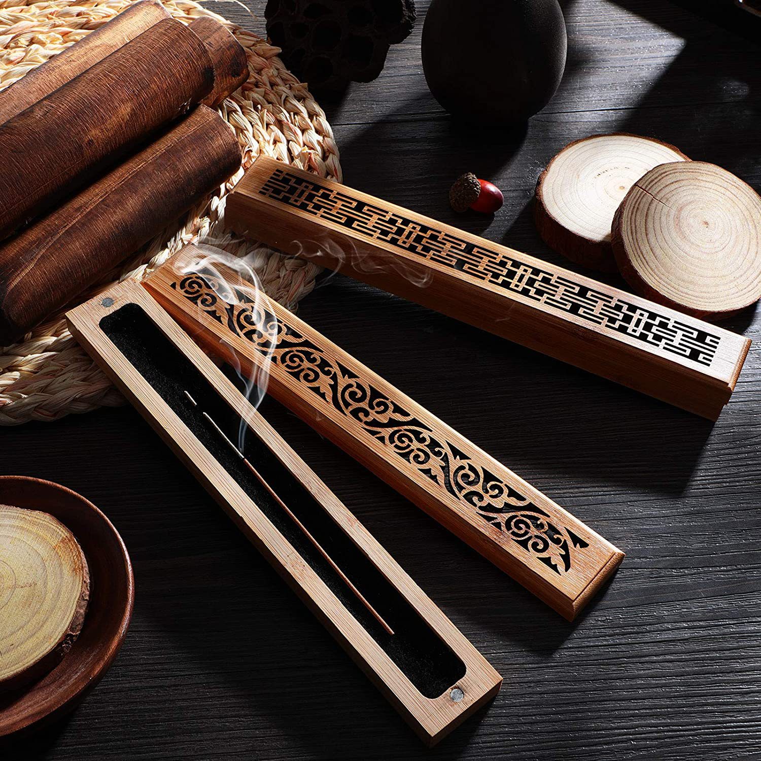 楠竹香盒香插线香炉卧香燃香盒熏香炉盘香炉香薰木盒竹木储香盒