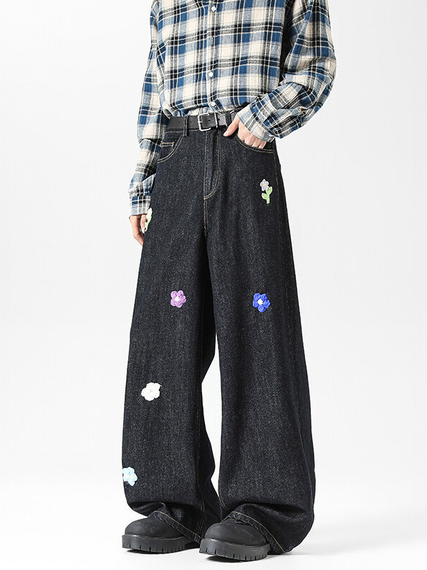 小花刺繍ジーンズメンズ 2025 夏新アメリカンレトロトレンディブランドルーズストレートワイドレッグカジュアルパンツ|undefined