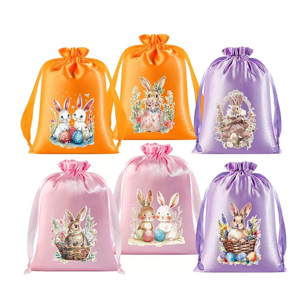 色丁布袋现货复活节兔子派对装饰主题糖果袋跨境抽绳款缎面束口袋