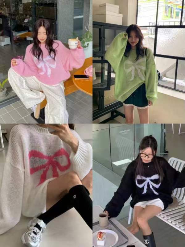 420g Weight Long Sleeve Sleeve Length Pullovers Placket Type Spandex, knit Fabric Type Long Top Length Knitwear Tops Type Daily Occasion Round Neck Neckline Loose Fit Type Bow Knot Pattern Spring, Autumn Season Women's Gender Casual, Elegant Style Wholesale Women's Casual Elegant Bow Knot Long Sleeve Sweaters & Cardigans 21