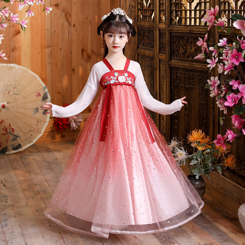 漢服の女の子のスカートのアンドロメダのふわふわした軽紗の夏服の震え音の子供の時代の中国風のワンピースの夏の超仙|undefined