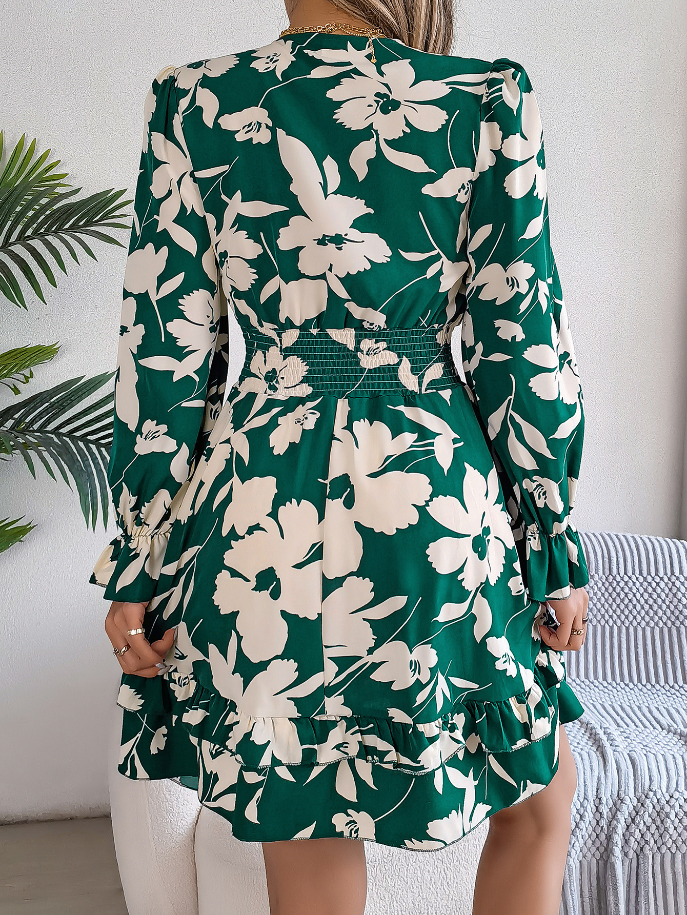 2025 Spring Summer Women's Long Sleeve Flower Printed V-neck Fashion Elegance Dress
