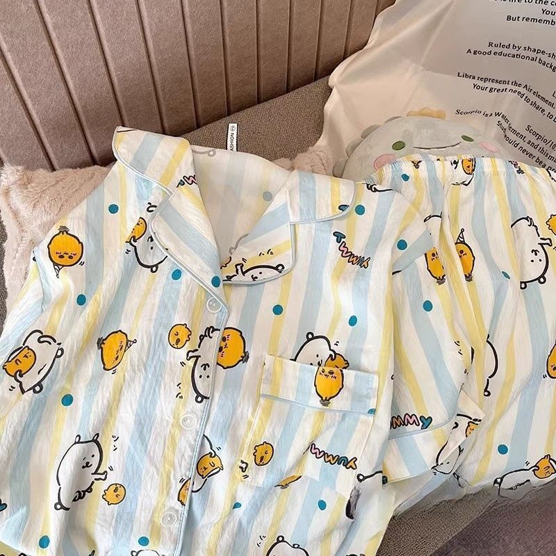 Comercio exterior de Vietnam verano nuevo estilo nube rebeca de algodón solapa dulce pijama de dibujos animados pantalones cortos de manga corta traje de servicio a domicilio para mujer