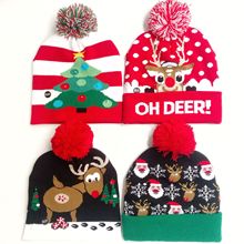 跨境时尚圣诞帽秋冬提花毛球LED灯针织帽派对成人儿童帽子