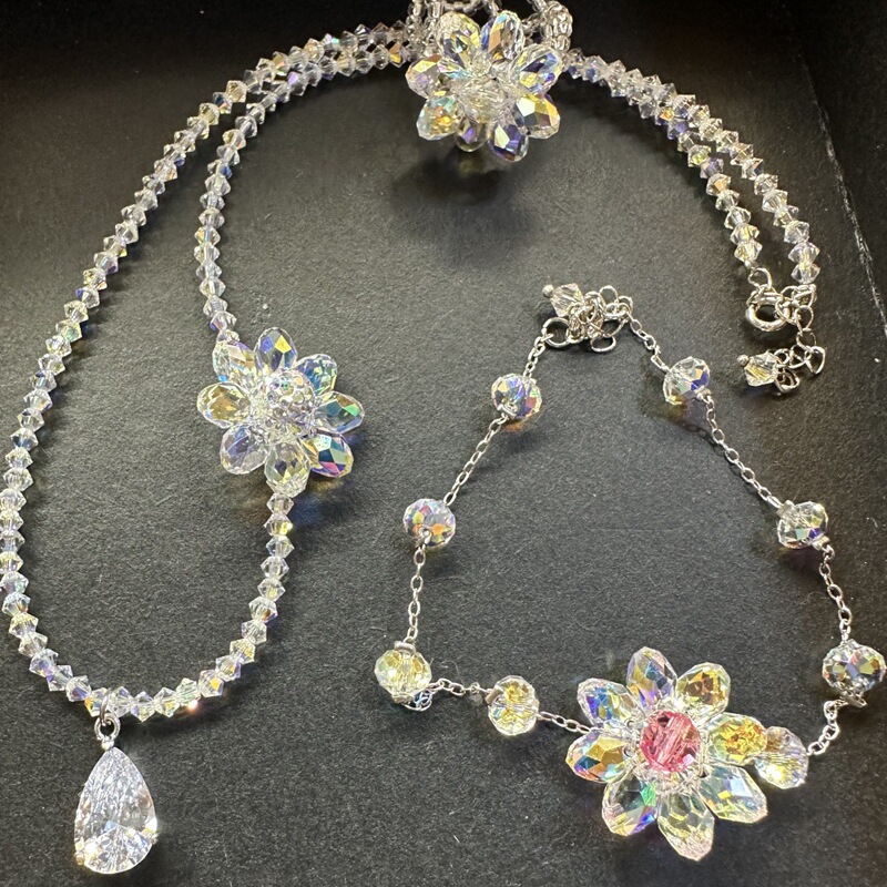 Austrian Crystal Flower Bracelet Necklace Ring Set Water Drop Braided Camellia 925 Silver Accessories Genuine Wholesale