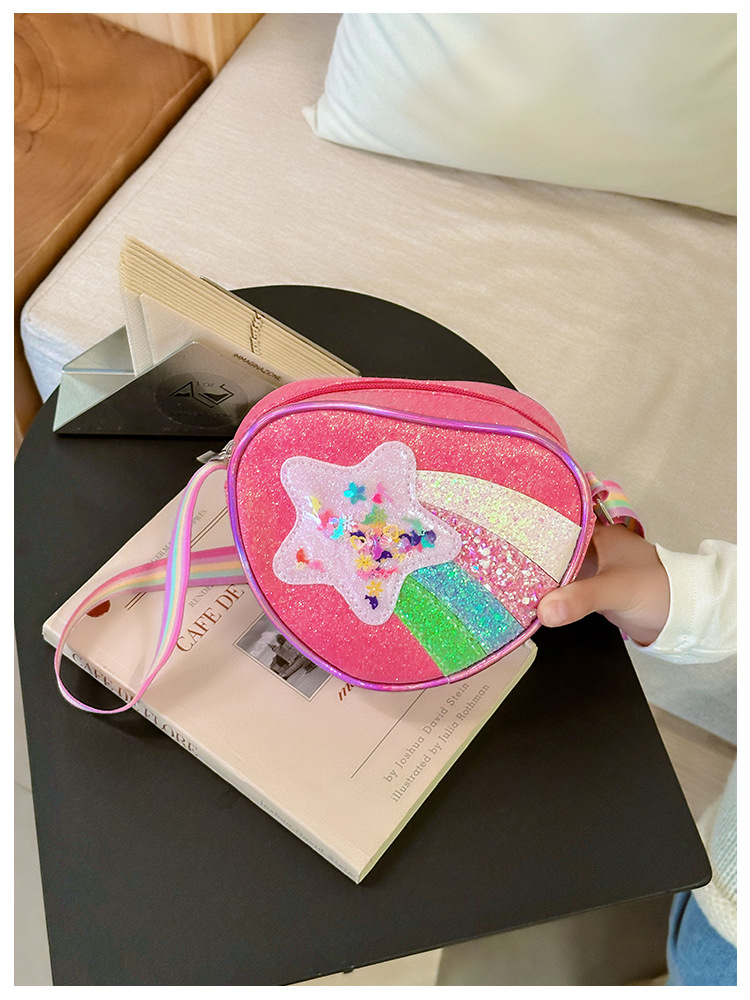 178g Weight Polyester Lining Material Zipper Closure Type Single Shoulder Strap Strap Type Shoulder Bag, Crossbody Bag Bags Type Daily Occasion Pu Leather Material Star, Stripe Pattern All Seasons Season Kid'S Gender Cute Style Heart-shaped Shape Kid'S Pu Leather Star Stripe Cute Heart-shaped Zipper Shoulder Bag Crossbody Bag 16