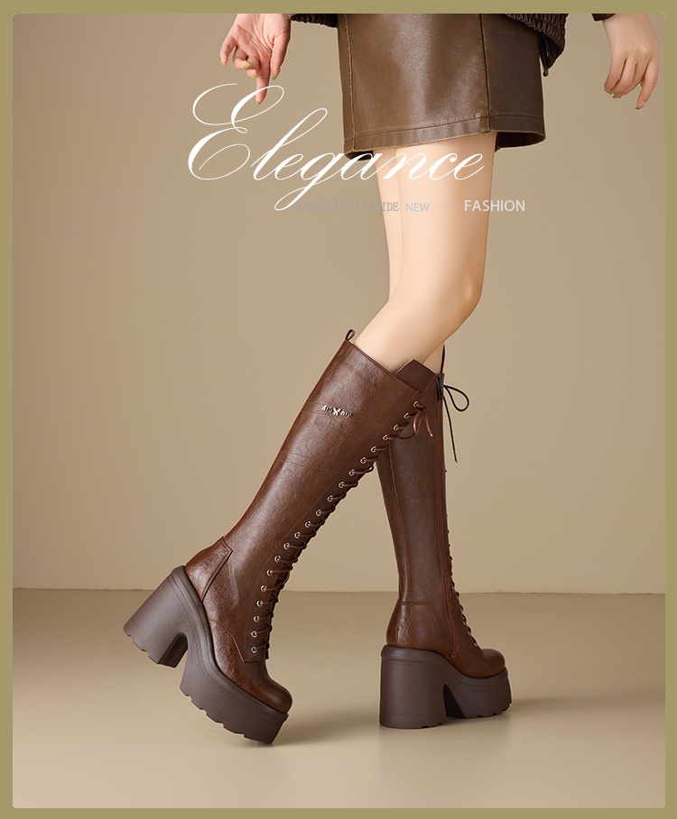 Boot nữ cổ cao ôm bắp chân, gót 12 cm, phong cách Anh, da thật, buộc dây, đế dày — nhung nâu chi tiết 1