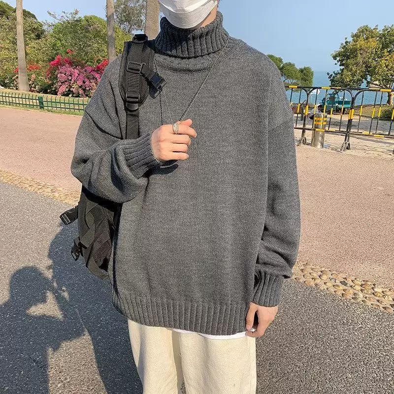 灰色高领毛衣慵懒高级感男装圆领套头针织内搭纯色休闲毛织衫上衣