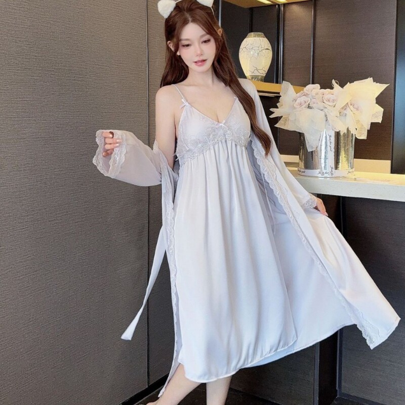 Autumn and Summer Lace Mesh Lace Pajamas, Feminine and Sweet Suspender Breast Pads Two-Piece Set, New Nightgown, Ice Silk
