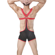 TEMU热销男士性感胸肌显大连体平角裤欧美健身网孔透气背心连身衣