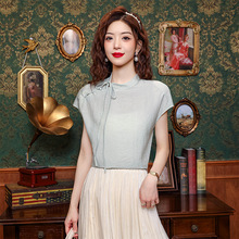 专柜桑蚕丝小衫女短袖2025新款气质优雅女士复古减龄新中式上衣潮