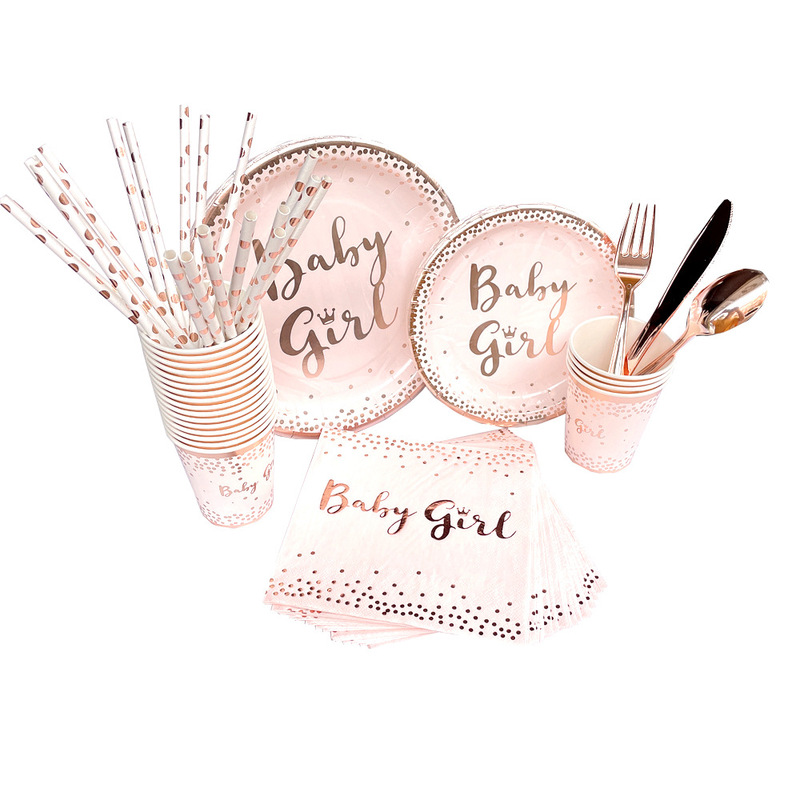 Spot cross-border new rose gold BABY GIRL tableware set disposable paper cup paper plate paper towel