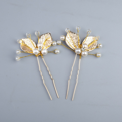 European and American golden leaf hair fork jewelry, wedding clothing, handmade hair accessories, crystal plate hair fork, U-shaped hairpin headpiece